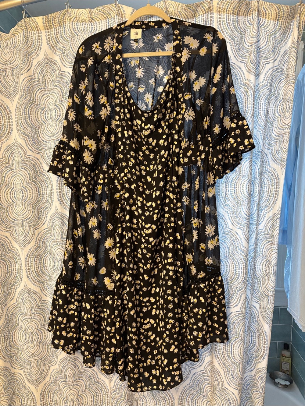 CAbi Black Daisy Print Tunic with Matching Slip